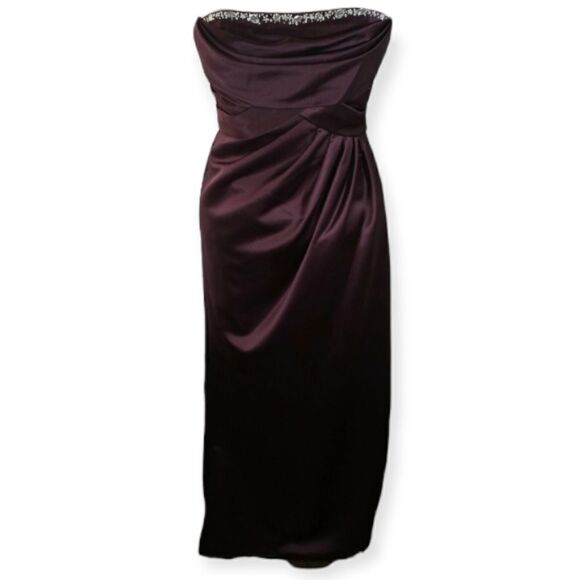 DAVID'S BRIDAL EGGPLANT STRAPLESS GOWN W/RHINESTONES SZ.4 EUC - Picture 1 of 8